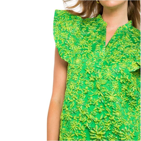 Metallic Green Woven Flutter Sleeve Sadie Shift Dress *WORN ONCE* - Picture 2 of 4